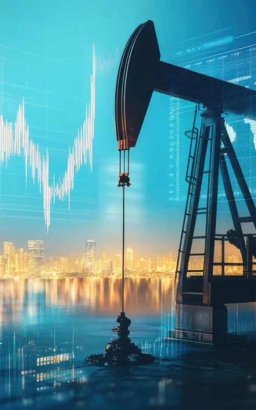 A city skyline is reflected in the water next to a large oil rig