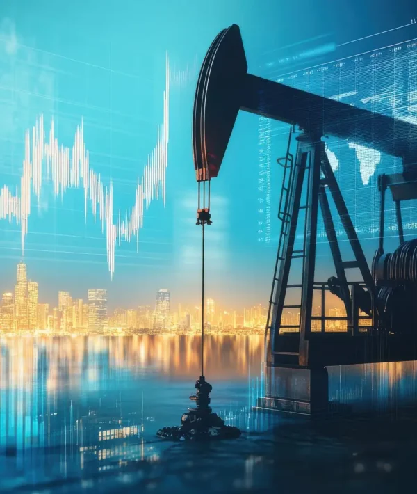 A city skyline is reflected in the water next to a large oil rig