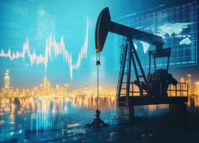 A city skyline is reflected in the water next to a large oil rig