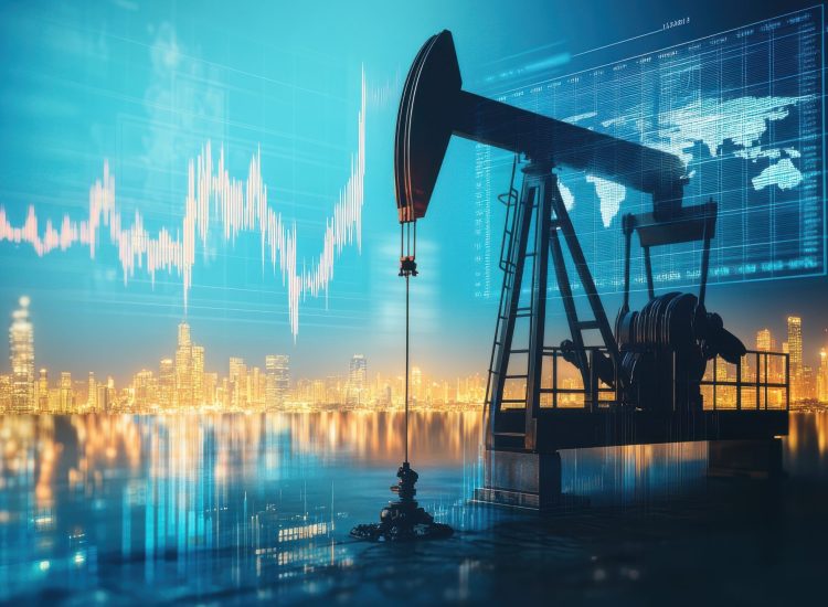 Gas Power Bitcoin A city skyline is reflected in the water next to a large oil rig
