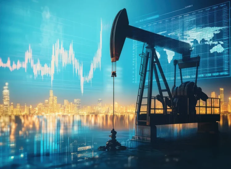 A city skyline is reflected in the water next to a large oil rig