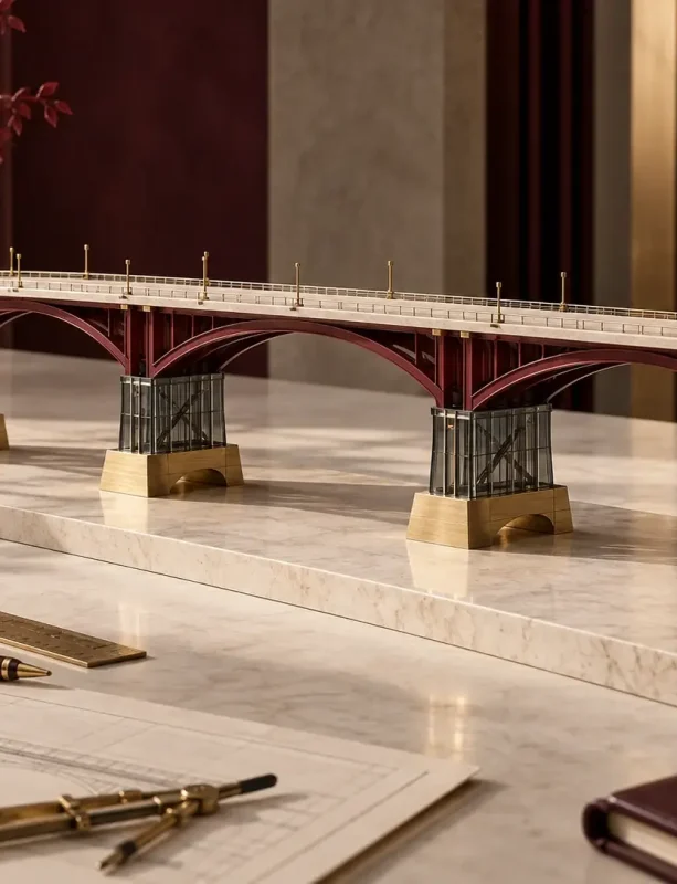 Architectural bridge model with interconnected ivory, burgundy, and gold supports.