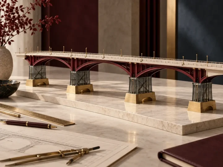 Architectural bridge model with interconnected ivory, burgundy, and gold supports.