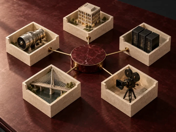 Separate architectural enclosures containing asset models connected to a central gold and burgundy hub.