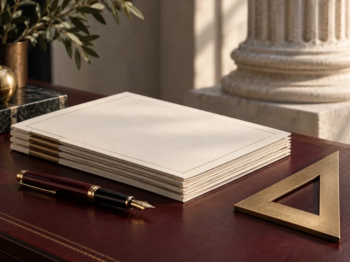 Ivory document folios, a gold fountain pen, and a drafting square on a burgundy desktop.