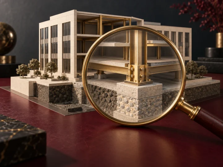 Brass magnifying lens revealing the foundation and connection details of an architectural model.
