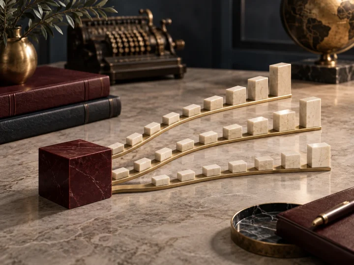 Three distinct paths of ivory blocks and gold rails representing alternative financial scenarios.
