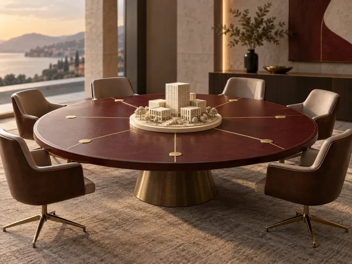 Conference-table model with gold connections between participant seats and a central project model.