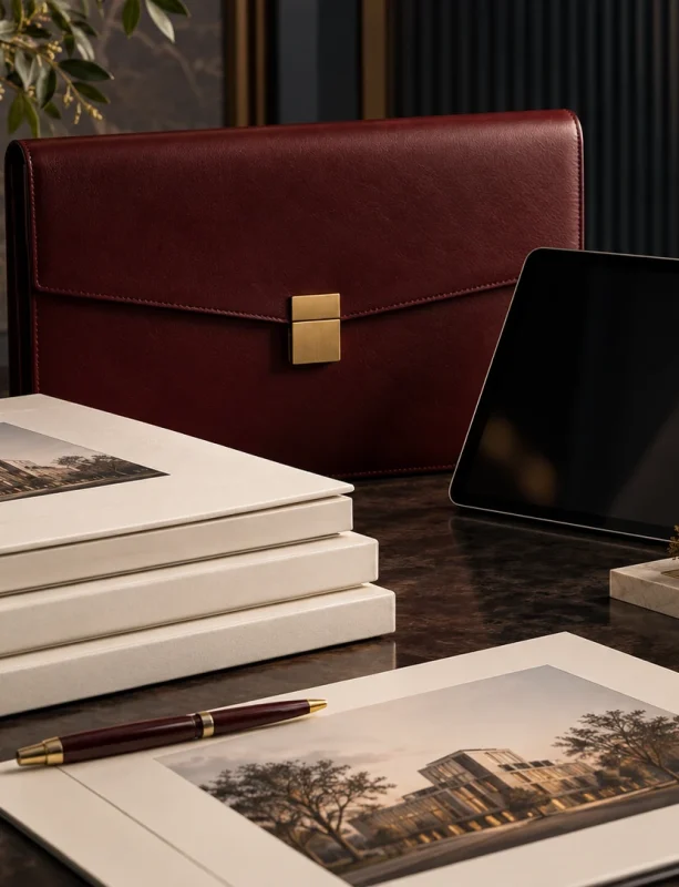 Coordinated presentation folios, a burgundy document case, and an architectural model prepared for review.