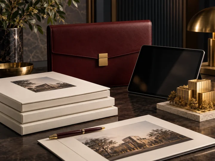 Coordinated presentation folios, a burgundy document case, and an architectural model prepared for review.