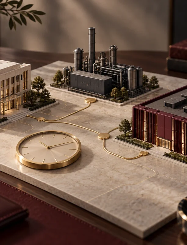 Property, energy, and data-center models connected by gold paths beside an unnumbered timepiece.