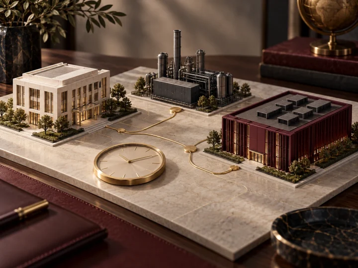 Property, energy, and data-center models connected by gold paths beside an unnumbered timepiece.