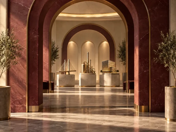 Open architectural doorways reveal a curated gallery of infrastructure, energy, and property models.